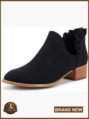 Ruffled Ankle Boots Pointed Toe Chunky Low Heel Dressy Western Booties